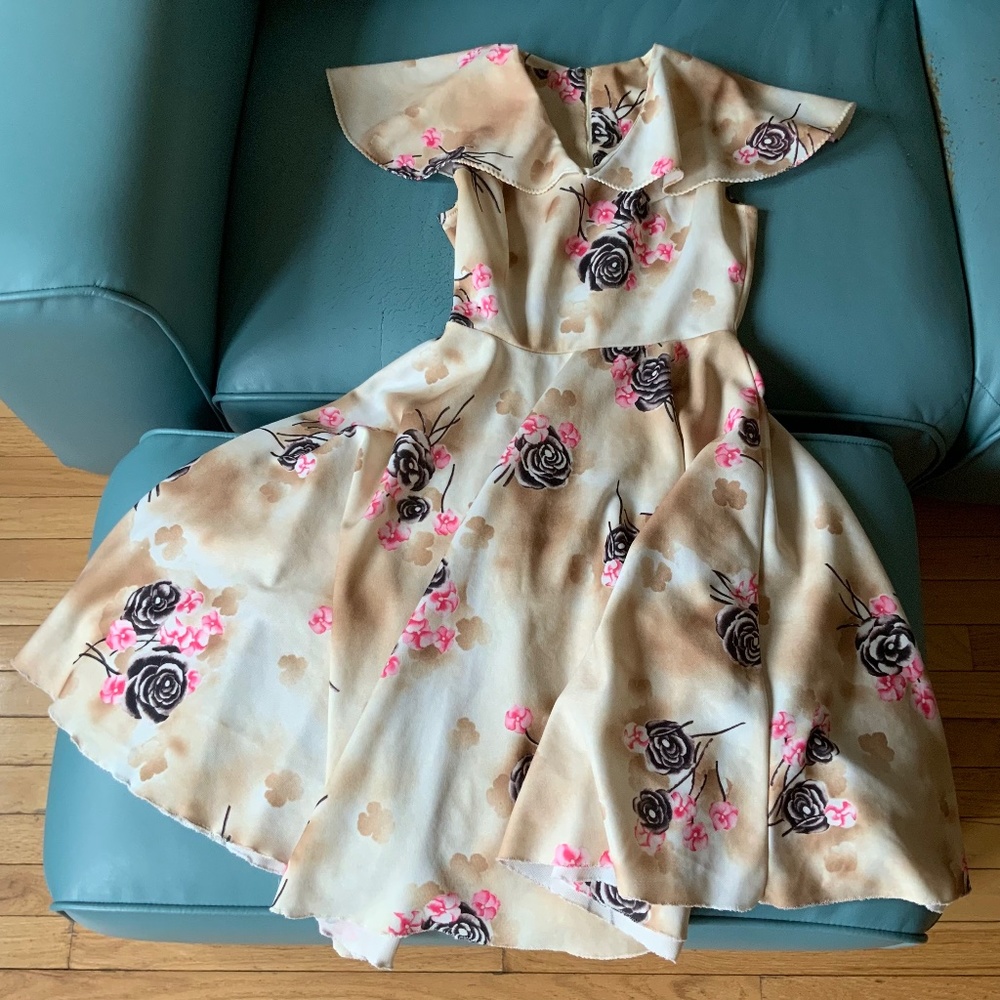 Vintage 70's Fit & Flare Black Pink Rose Print on Cream Clouds 50s Style Dress